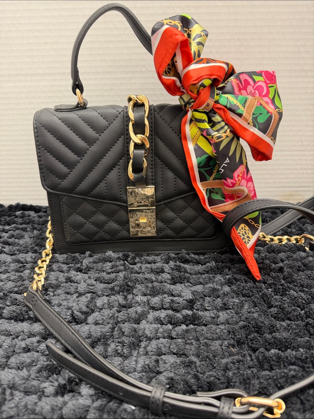 Aldo Quilted Black Top-Handle Crossbody Bag with Gold Chain